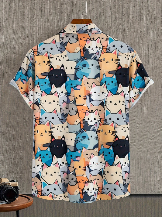 Herren Freizeithemd mit Katzen-Print – Kurzarm, Lustiges Design, Perfekt für Alltag & Party