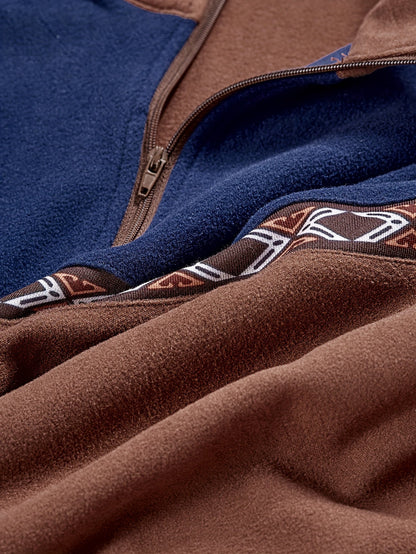Herren Halb-Reißverschluss Pullover Braun Blau mit Ethno-Muster Stehkragen