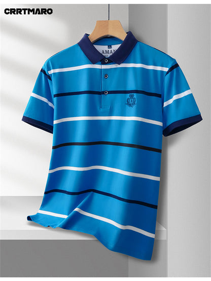 Herren Poloshirt mit Streifenmuster und gesticktem Wappen – Klassisch, Elegant, Freizeit