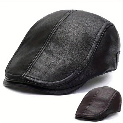 Schiebermütze Flat Cap aus lederähnlichem Material in Schwarz oder Braun