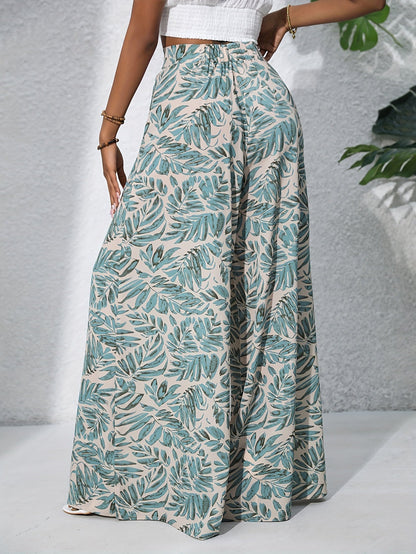 Damen Sommer Palazzo-Hose mit weitem Bein und tropischem Blätterprint – Perfekt für Strand und Freizeit