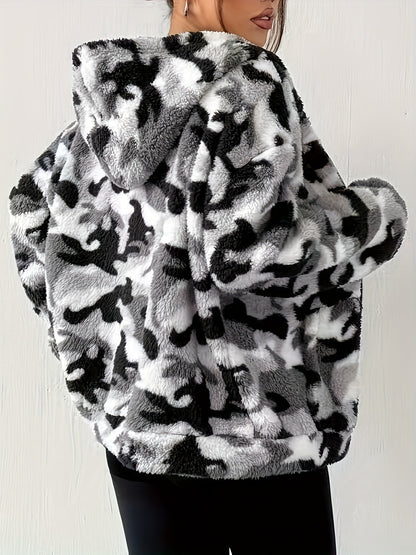Damen Teddyfell Kapuzenjacke Camouflage Muster mit Reißverschluss