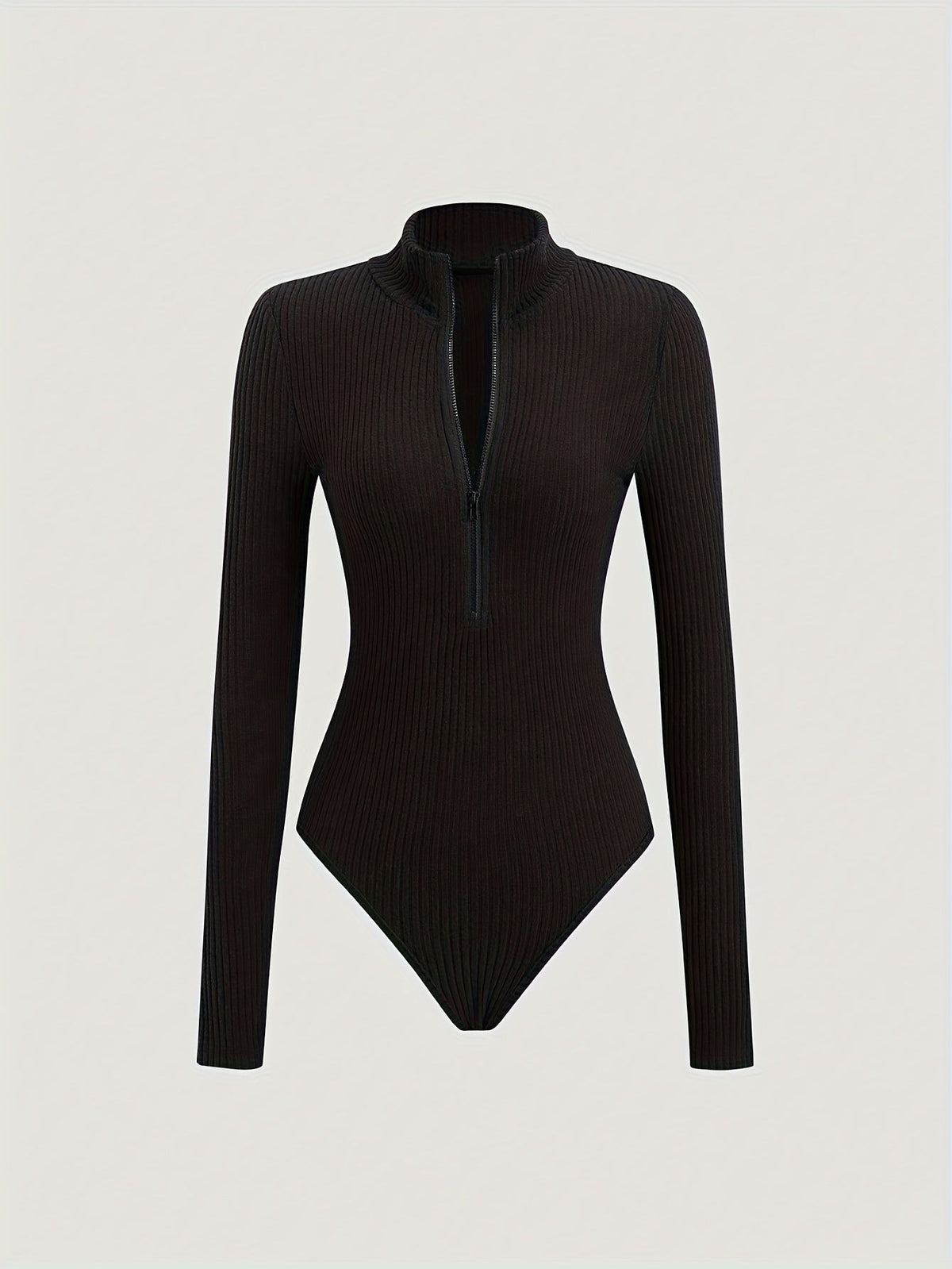 Damen Langarm Body Rippstrick Stehkragen Reißverschluss Bodysuit