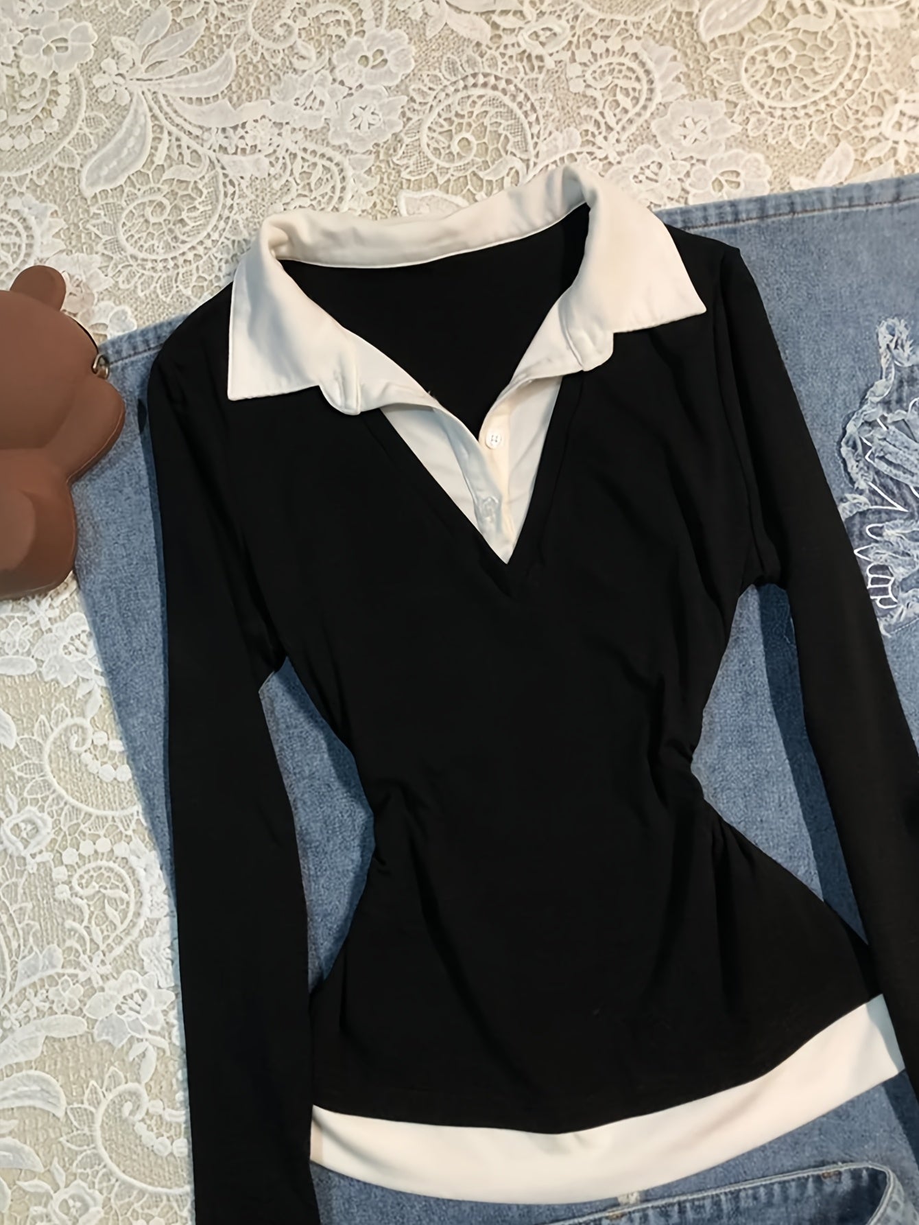 Damen Langarmshirt Schwarz Weiß mit Kragen