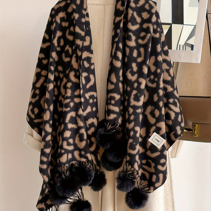 Damen Schal mit Leopardenmuster und Bommeln Weiches Material Animal Print Warmer Umhang
