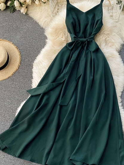 Damen Maxikleid mit Schleife und Spaghettiträgern – Elegantes Sommerkleid für festliche Anlässe