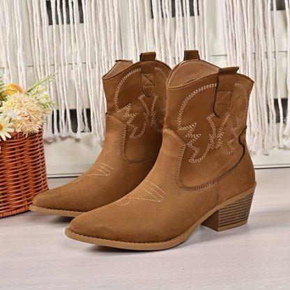 Damen Western Stiefel Stiefeletten spitze Zehe Blockabsatz Bestickt