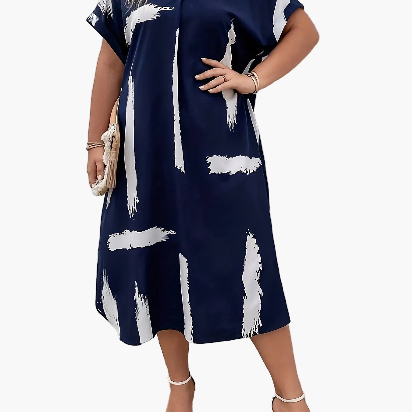 Damen Tunika Kleid im lockeren Oversize-Stil – Modernes Freizeitkleid mit V-Ausschnitt und Pinselstrich-Print
