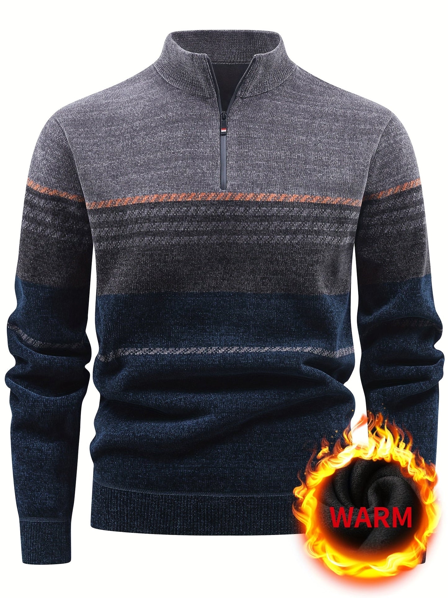 Herren Pullover Halb-Reißverschluss Stehkragen gestreift Fleece-Futter
