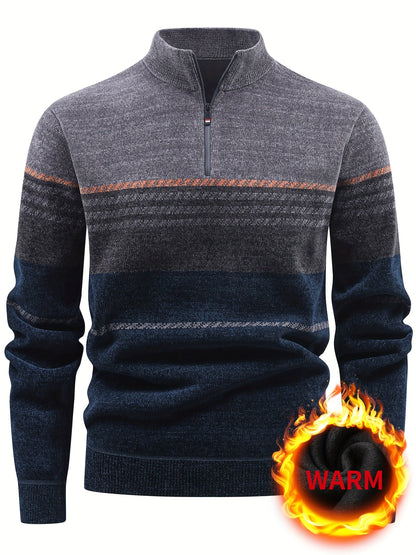 Herren Pullover Halb-Reißverschluss Stehkragen gestreift Fleece-Futter