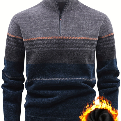Herren Pullover Halb-Reißverschluss Stehkragen gestreift Fleece-Futter