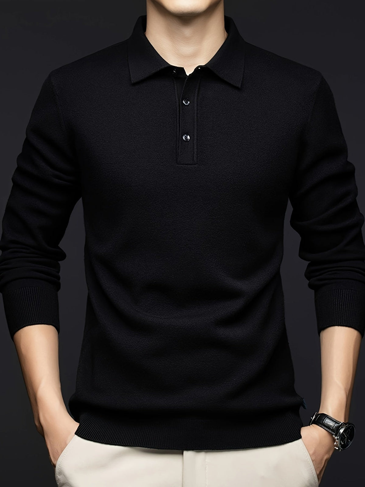 Herren Langarm Poloshirt Strickpullover mit Kragen und Knopfleiste
