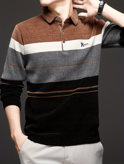 Herren Winter Polo-Pullover mit Kragen, gestreiftes Design und warmem Innenfutter