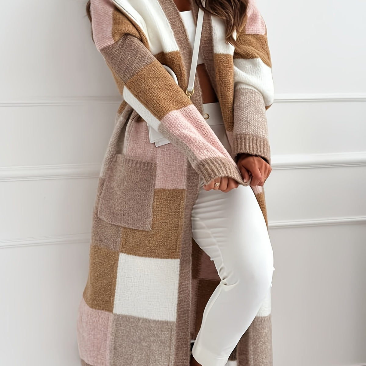 Damen Strickjacke Patchwork Lang Offen Braun Rosa Beige Weiß