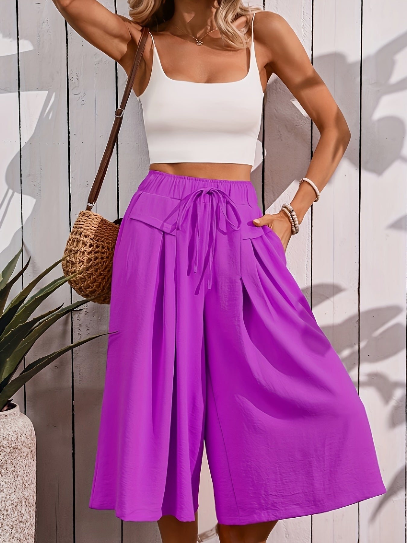 Damen Elegante Culotte Caprihose mit weitem Bein für Sommer und Freizeit