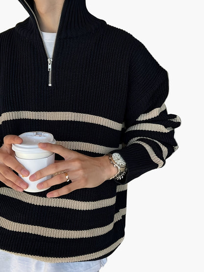 Herren Strickpullover mit Stehkragen und Reißverschluss – Gestreifter Casual Look für Herbst & Winter