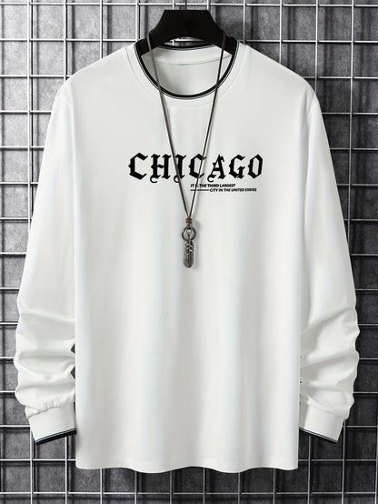Herren Langarmshirt mit Rundhalsausschnitt und Chicago-Print, Ringelbündchen