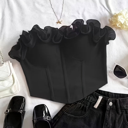 Damen Bustier Top schulterfrei mit Volant und Rüschen – Elegantes Party- und Ausgeh-Oberteil