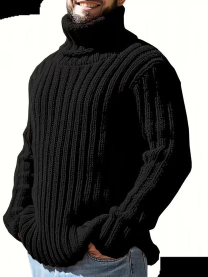 Herren Rollkragenpullover, grob gestrickt, Rippmuster, Schwarz