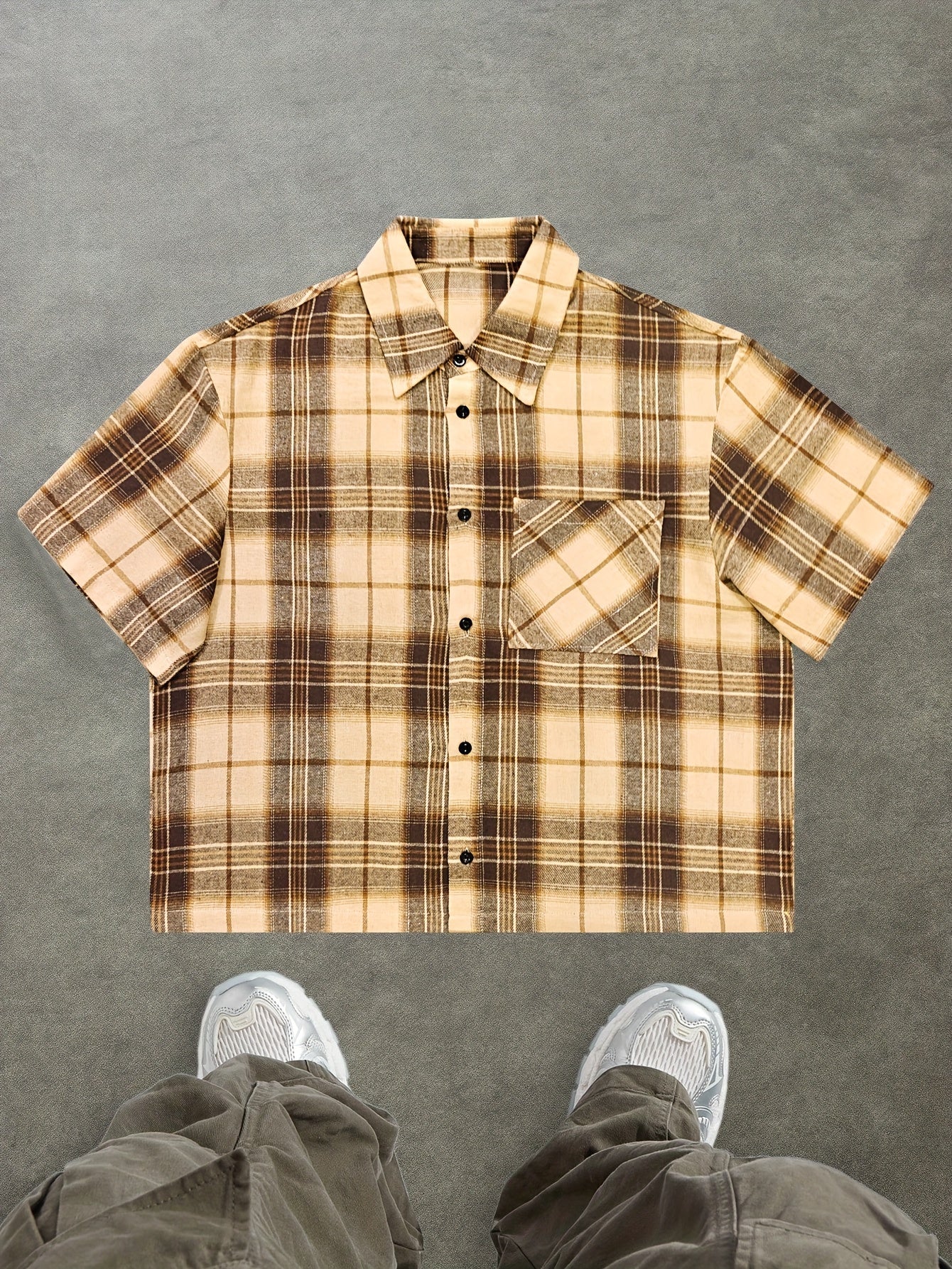 Herren Oversize Karohemd Kurzarm Streetwear Freizeitstil