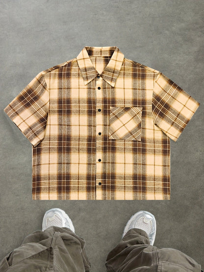 Herren Oversize Karohemd Kurzarm Streetwear Freizeitstil