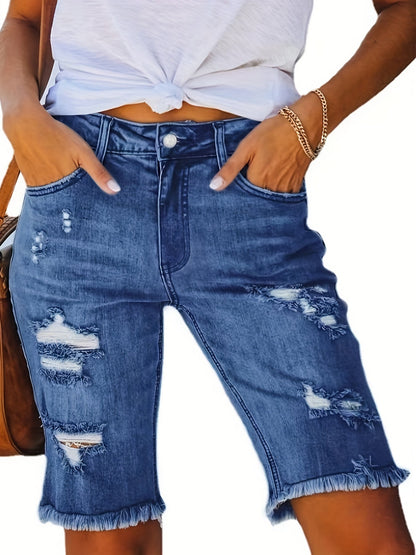 Damen Bermuda Jeans Shorts im Used-Look mit Fransen und Rissen – Lässige Sommermode