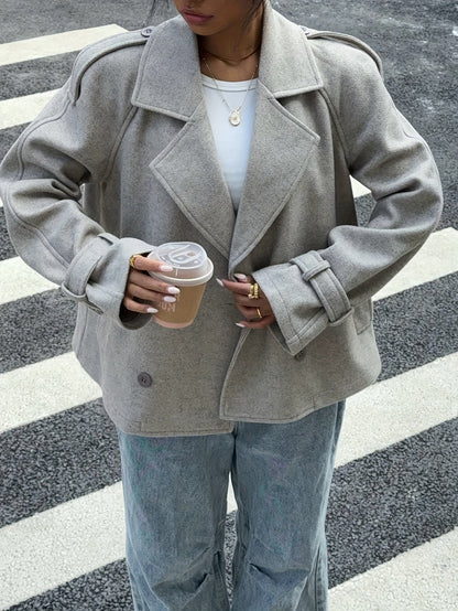 Damen Kurzmantel Jacke Doppelreiher Graubeige Kragen
