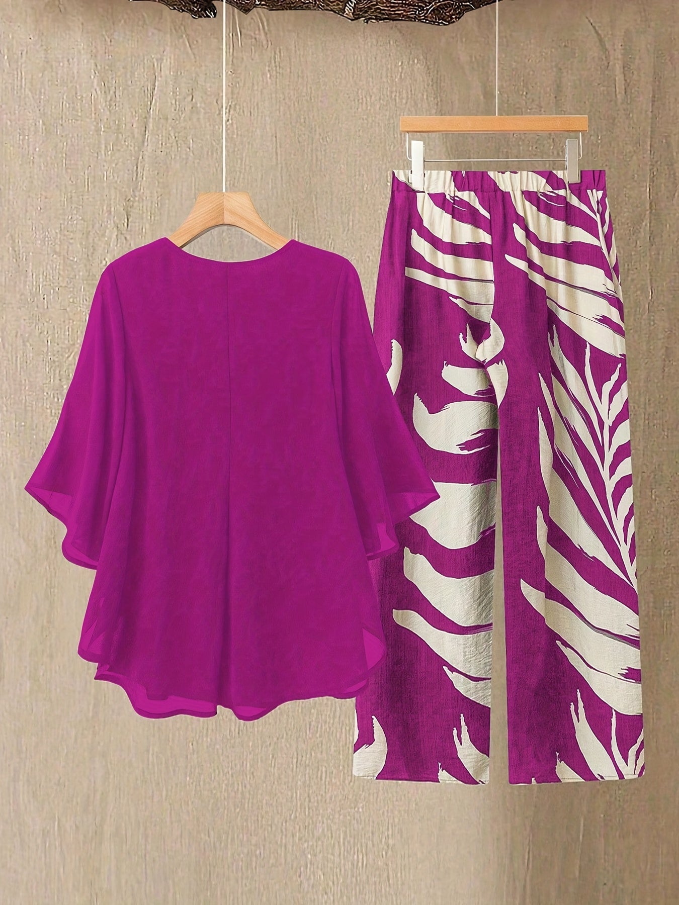Damen Zweiteiler Set Elegant – Weite Bluse mit Rundhalsausschnitt und Tropenprint Hose, Perfekt für Urlaub und Sommer