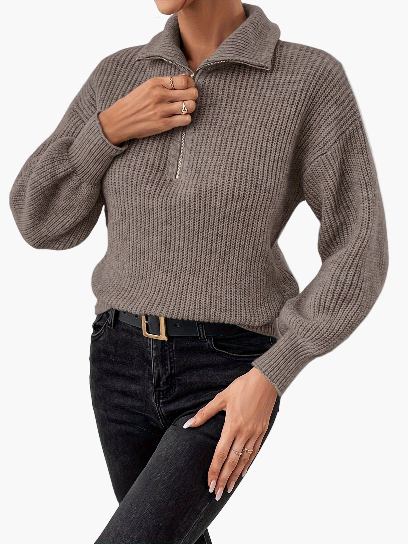Damen Strickpullover mit Reißverschluss und elegantem Kragen – Modischer Freizeit-Look