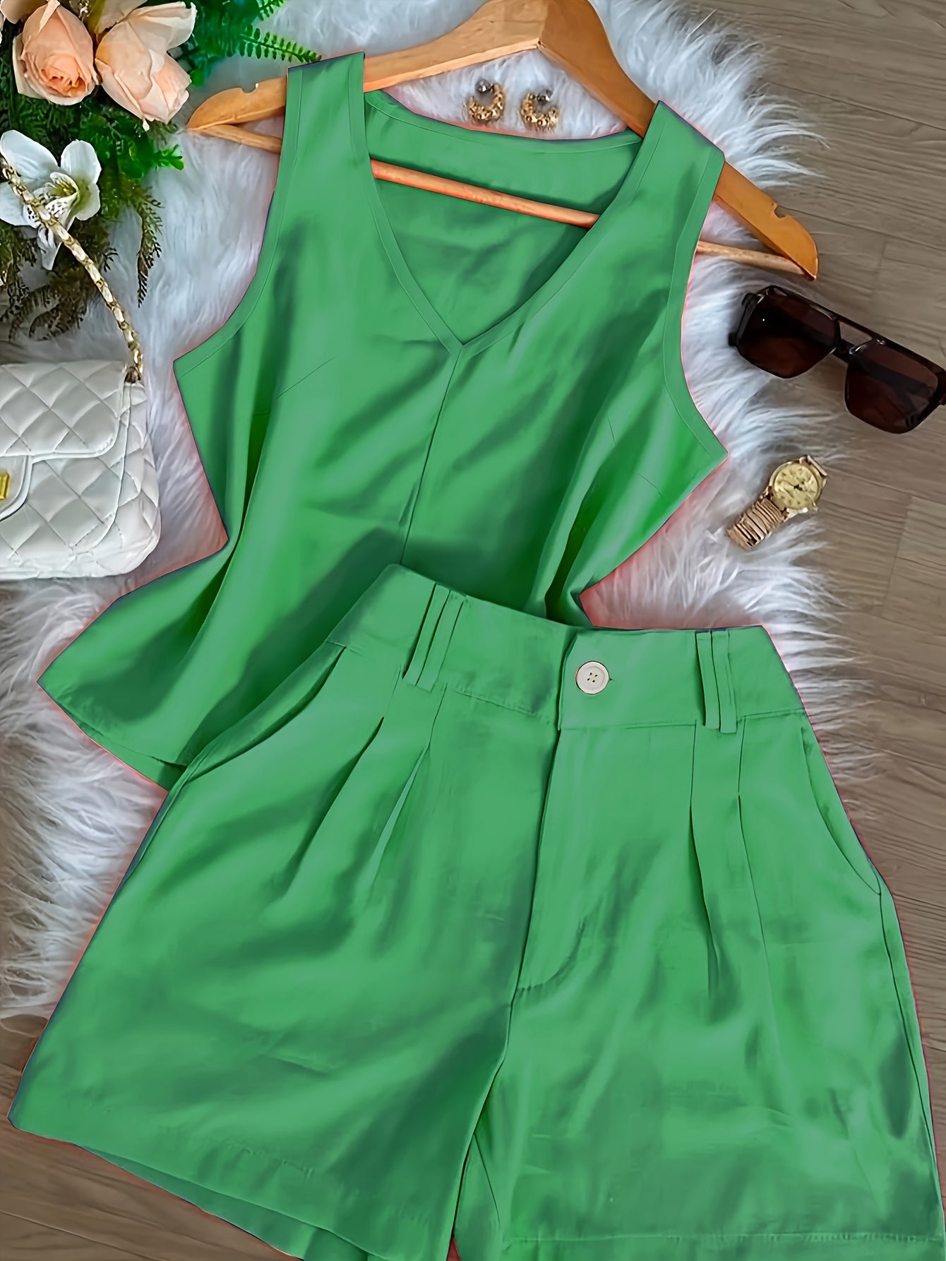 Damen Zweiteiliges Set mit V-Ausschnitt Top und High-Waist Shorts – Eleganter Freizeit-Look