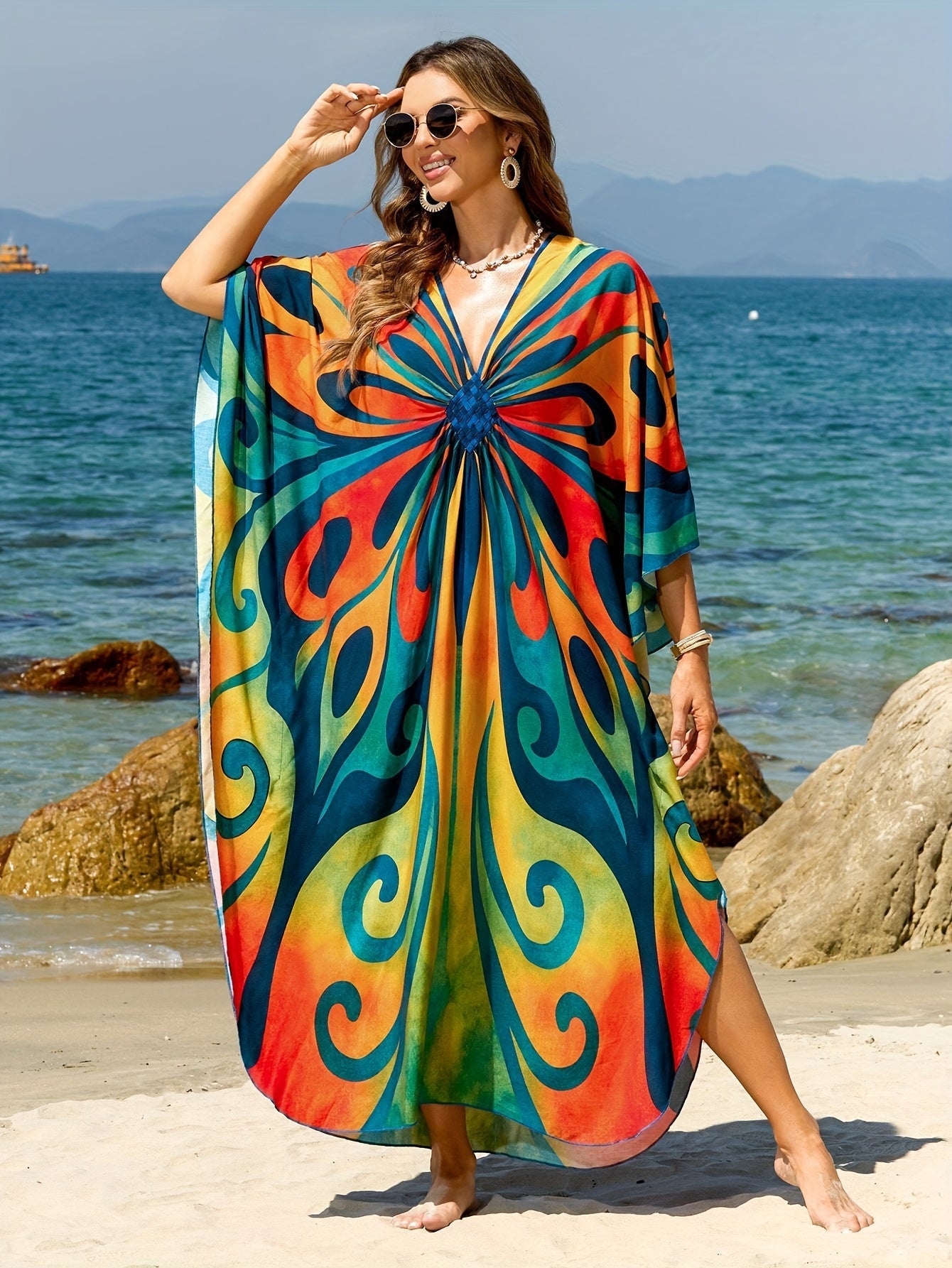 Damen Kaftan Maxi Strandkleid mit Batikmuster – Boho Überwurf für Urlaub & Strand