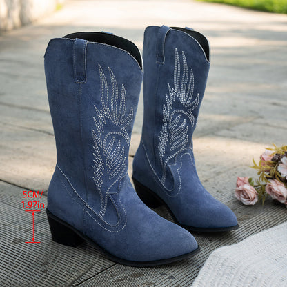 Damen Westernstiefel Blau mit Stickerei Spitz zulaufend Mittelhoher Absatz