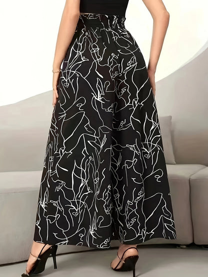 Damen Weite Palazzo-Hose mit Künstlerischem Linienmuster – Modische Statement-Hose für Alltag & Freizeit
