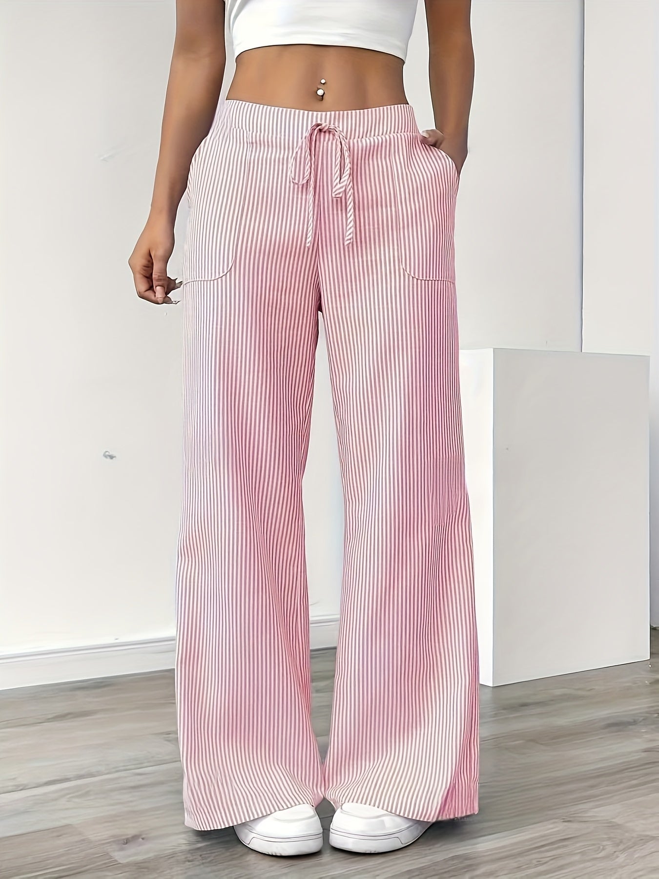 Damen Weite Casual Streifenhose mit Kordelzug – Komfortable Freizeithose für Alltag und Wochenende
