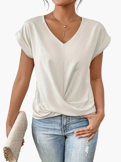 Damen Kurzarm V-Ausschnitt Bluse für Alltag und Büro, Lässige Mode mit Twist-Detail