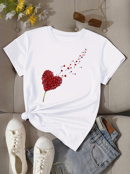 Damen T-Shirt mit Herzblumen-Design – Modisches Casual Shirt für Alltag & Freizeit