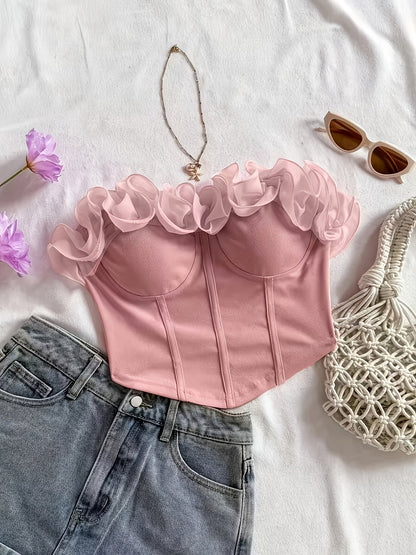 Damen Bustier Top schulterfrei mit Volant und Rüschen – Elegantes Party- und Ausgeh-Oberteil