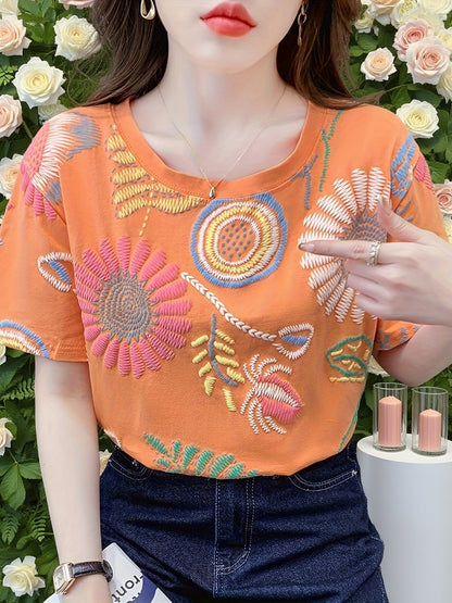 Damen Sommer T-Shirt mit Stickerei und Boho-Design – Lässiges Freizeitshirt, Kurzarm, Trendy Muster