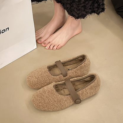Damen Mary Jane Ballerinas Teddystoff Runder Zeh Flache Schuhe