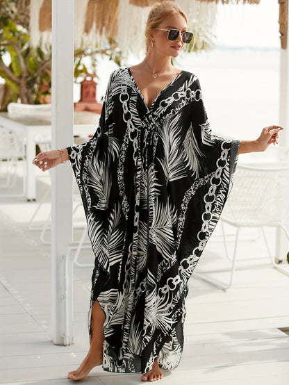 Damen Kaftan Maxi Strandkleid mit Palmenmuster und Kettenprint – Elegantes Cover-up für den Urlaub