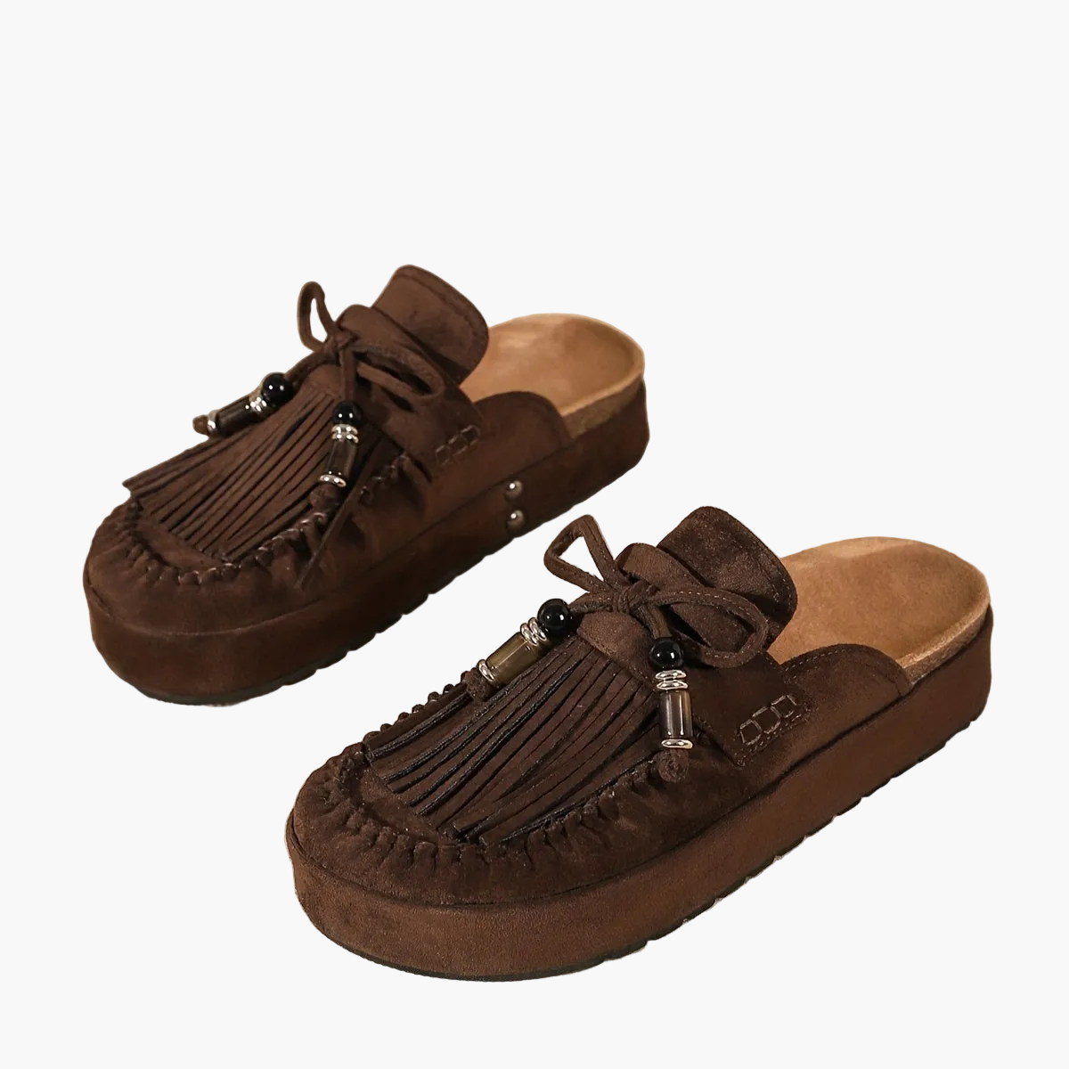 Damen Mokassin-Pantoletten mit Fransen und Perlendekor – Vintage Slipper für Sommer und Freizeit