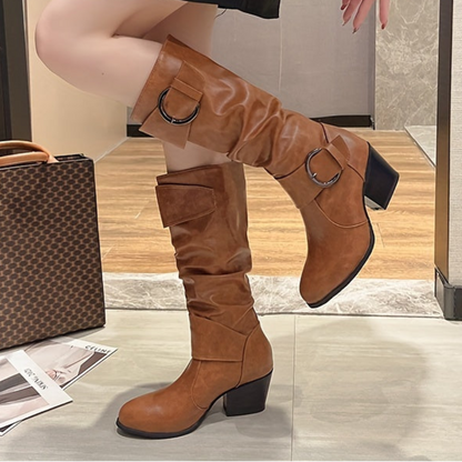 Damen Stiefel Schwarz mit Schnallen & Blockabsatz