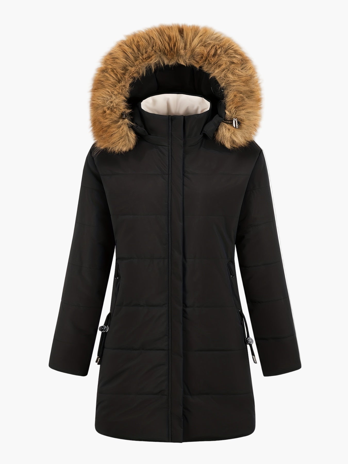 Damen Winter Steppmantel mit Kunstfellkapuze und Teddyfutter – Eleganter Alltagsmantel für kalte Tage