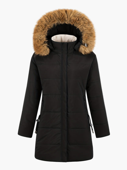 Damen Winter Steppmantel mit Kunstfellkapuze und Teddyfutter – Eleganter Alltagsmantel für kalte Tage