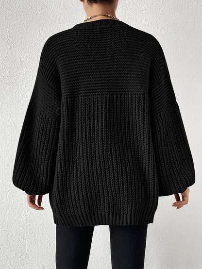 Damen Strickjacke Schwarz Offen Grobstrick Weitärmlig