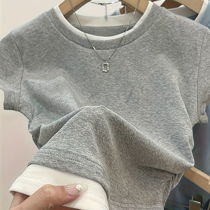 Damen Modernes Kurzarm-Shirt mit Layering-Effekt und Rundhalsausschnitt – Casual Streetstyle
