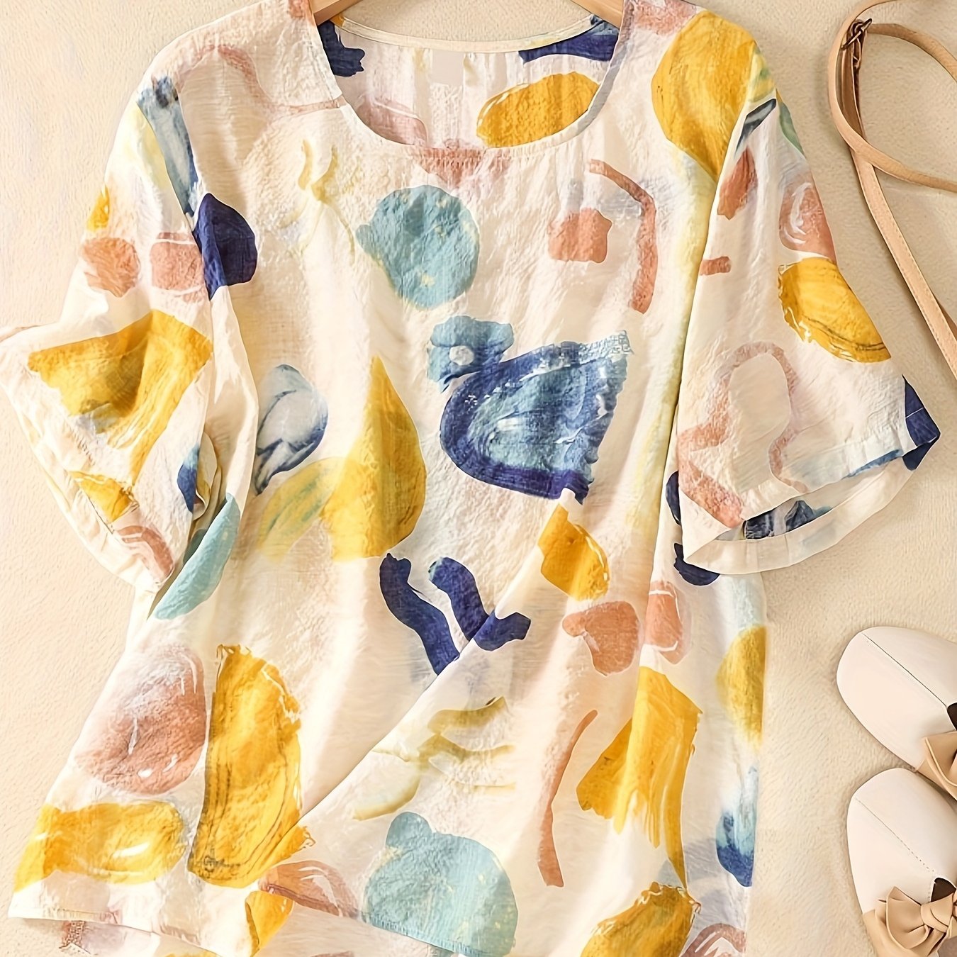 Damen Kurzarm-Bluse mit abstraktem Print und lockerem Schnitt – Modische Freizeitbluse