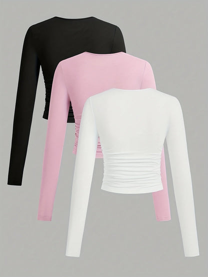 Damen Langarmshirt 3er Pack Rundhals Crop Top geraffte Seiten Schwarz Grau Weiß