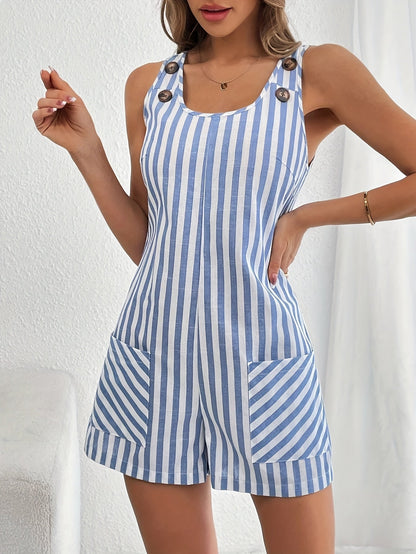Damen Sommer Jumpsuit mit Streifen und Knopfdetails – Lässiger Einteiler für Alltag und Urlaub