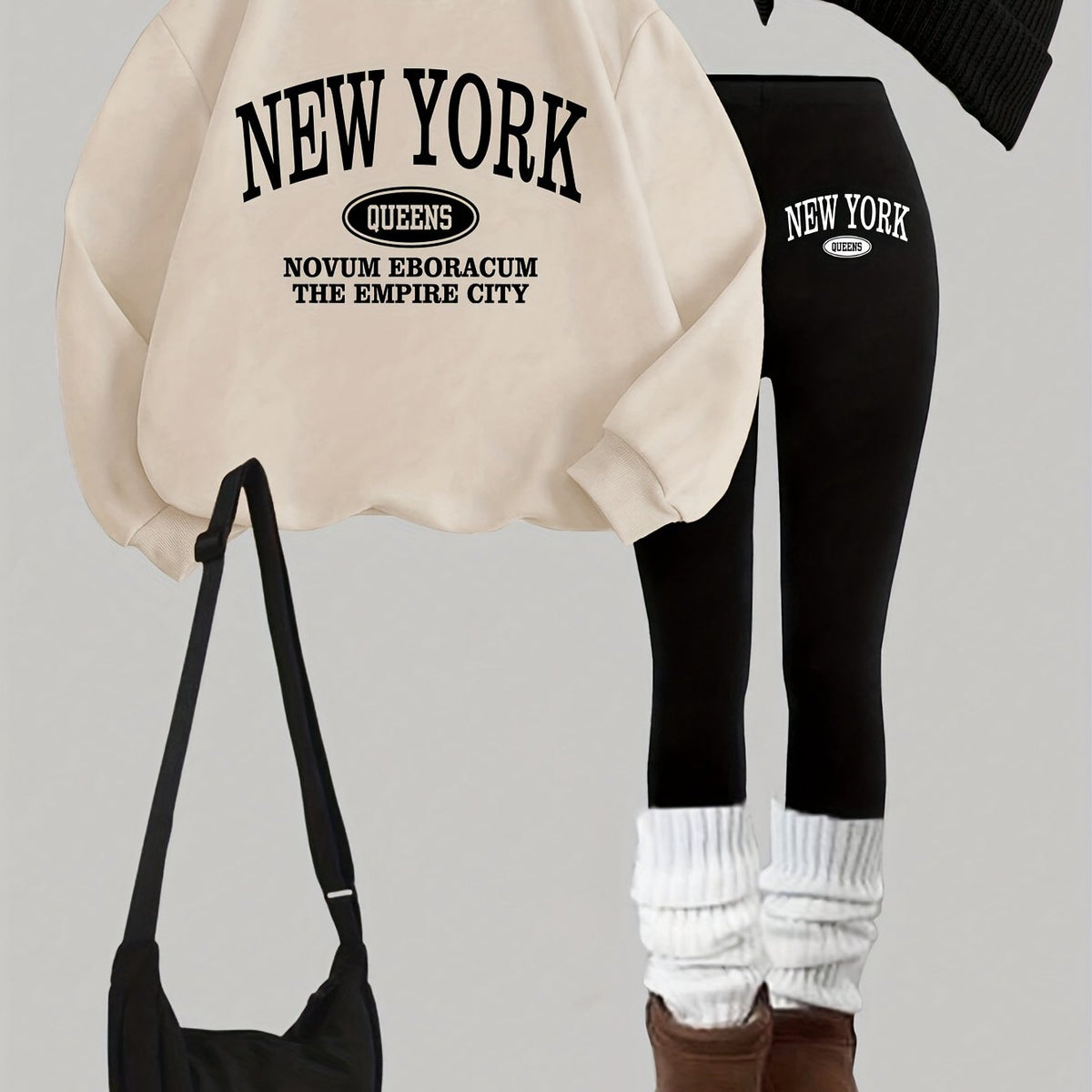 Damen Set: Pullover & Leggings mit 'New York Queens' Print, Rundhalsausschnitt
